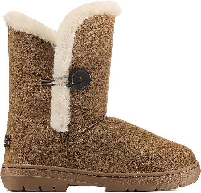 Classic Chestnut Brown Snow Boots for Women - Mid-Calf with Faux Fur Trim & Button Detail