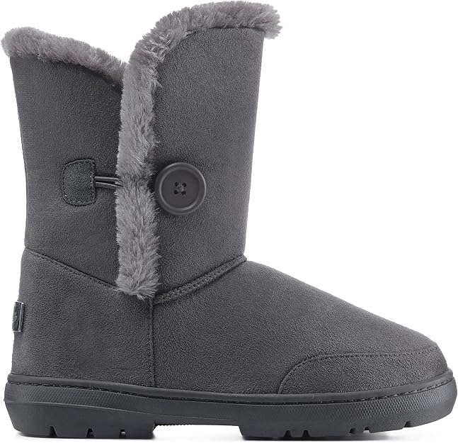 Classic Chestnut Brown Snow Boots for Women - Mid-Calf with Faux Fur Trim & Button Detail