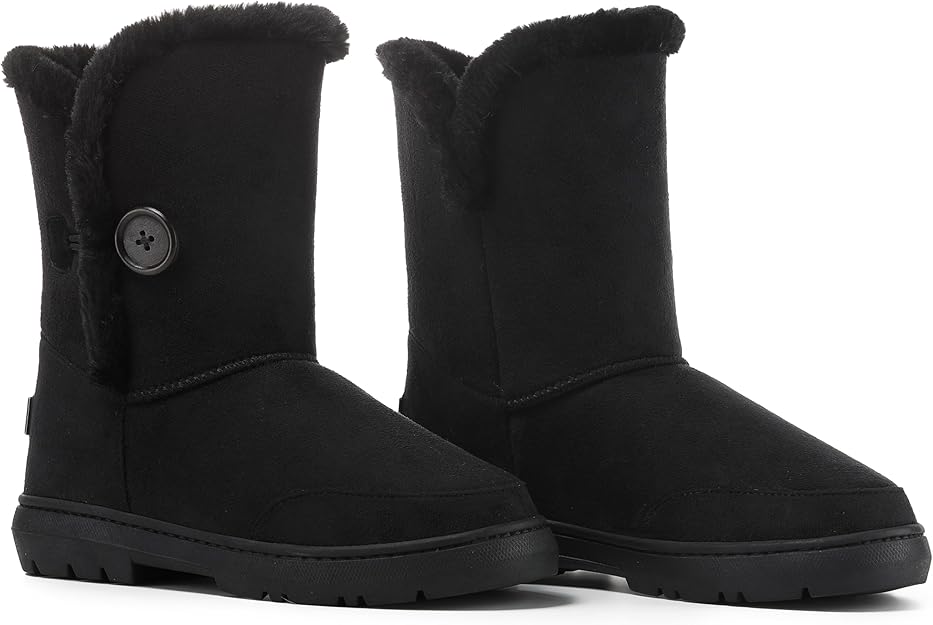 Classic Chestnut Brown Snow Boots for Women - Mid-Calf with Faux Fur Trim & Button Detail